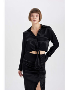 DEFACTO Crop Shirt Collar Satin Long Sleeve Shirt