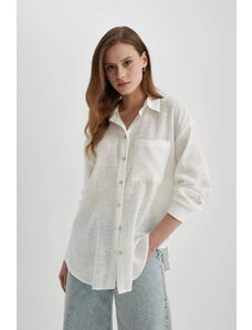 DEFACTO Oversize Fit Shirt Collar Linen Look Long Sleeve Shirt