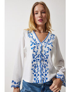 Happiness İstanbul Women's White V-Neck Embroidered Linen Blouse