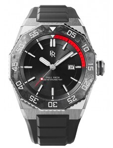 Stříbrné pánské hodinky Paul Rich s gumovým páskem Aquacarbon Pro Midnight Silver - Sunray 43MM