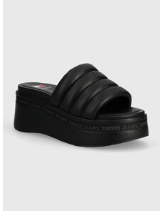 Pantofle Tommy Jeans TJW WEDGE SANDAL dámské, černá barva, na klínku, EN0EN02455