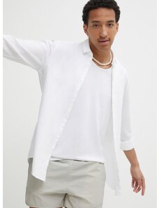 Košile s příměsí lnu HUGO bílá barva, slim, s klasickým límcem