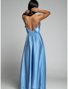 FASARDI Dlouhé modré saténové šaty s ramínky