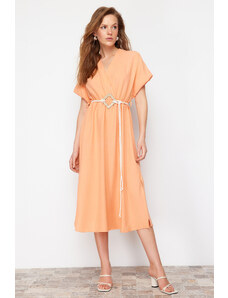 Trendyol Orange Straight A-line Double Breasted Collar Balloon Sleeve Belt Detailed Lily Maxi Woven Dress