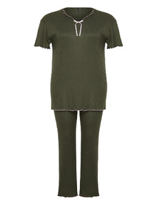 Trendyol Curve Khaki Bow Detailed Camisole Knitted Pajamas Set