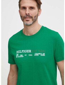 Bavlněné tričko Tommy Hilfiger zelená barva, s potiskem, MW0MW34435