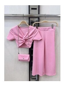 By Mini - butik Růžový crop top + volné kalhoty + kabelka