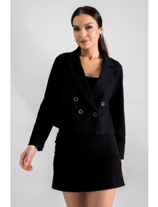 armonika Women's Black Double Breasted Collar Gabardine Crop Jacket