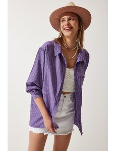 Happiness İstanbul Women's Purple Striped Pocket Viscose Shirt