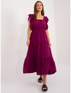 Fashionhunters Tmavě fialové midi šaty s volány