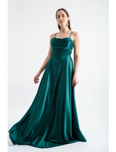 Lafaba Women's Emerald Green Thin Strap Back Rope Tie Detailed Evening Dress