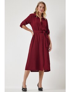 Happiness İstanbul Women's Burgundy Belted Shirt Dress