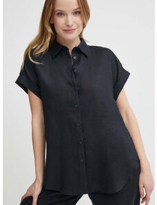 Lněná košile Lauren Ralph Lauren černá barva, relaxed, s klasickým límcem