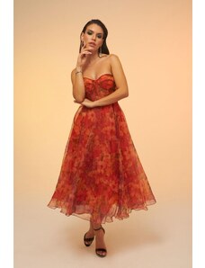 Carmen Orange Impregnation Strapless Midi Evening Dress