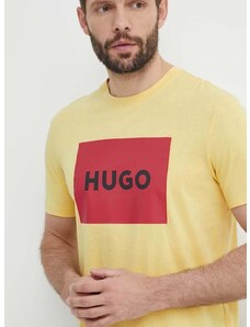 Bavlněné tričko HUGO žlutá barva, s potiskem