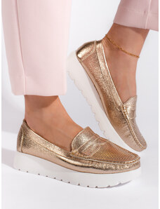 GOODIN Women's openwork gold loafers on a platform