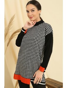 By Saygı Houndstooth Patterned Striped Sleeves and Hem Comfort Fit Knitwear Tunic