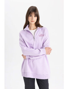 DEFACTO Regular Fit Thick Sweatshirt Fabric Polo Collar Slogan Pattern Sweat Tunic