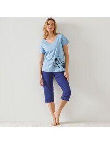 Blancheporte Sada 2 pyžam se 3/4 kalhotami a potiskem kočky modrá+purpurová 34/36