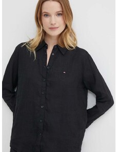 Lněná košile Tommy Hilfiger černá barva, relaxed, s klasickým límcem, WW0WW42037