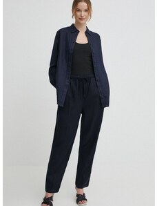 Plátěné kalhoty Tommy Hilfiger tmavomodrá barva, jednoduché, high waist, WW0WW41347