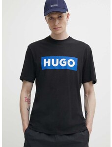 Bavlněné tričko Hugo Blue černá barva, s potiskem