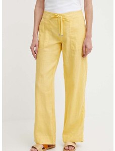 Plátěné kalhoty Lauren Ralph Lauren žlutá barva, široké, medium waist