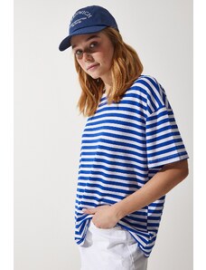 Happiness İstanbul Women's Blue Crew Neck Striped Oversize Knitted T-Shirt