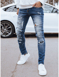 BASIC MODRÉ DŽÍNOVÉ DĚROVANÉ KALHOTY Denim vzor