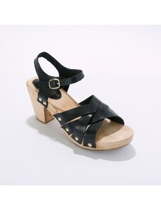 Blancheporte Kožené sandály s nýtky a dřevěným podpatkem černá 36