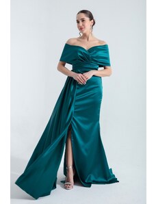 Lafaba Women's Emerald Green Boat Neck Slit Long Evening Dress