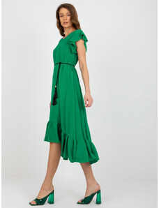 Fashionhunters Tmavě zelené midi šaty s volánky na rukávech