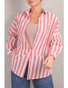 armonika Women's Red Striped Oversize Long Basic Shirt