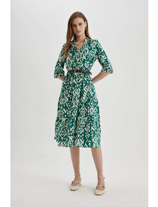 DEFACTO Shirt Collar Printed Midi Long Sleeve Dress