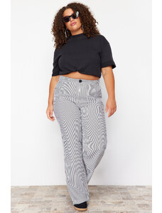 Trendyol Curve Black-Ecru Striped High Waist Tube Cuff Woven Trousers