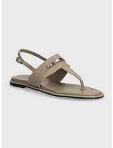 Kožené sandály Calvin Klein FLAT TP SANDAL METAL BAR LTH dámské, béžová barva, HW0HW02031