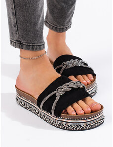 Shelvt Women's black flip-flops with embellishment
