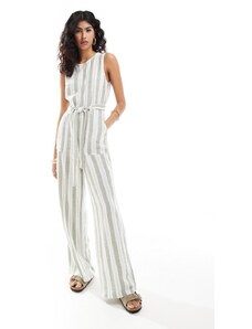 ONLY sleeveless belted linen mix jumpsuit in cream and sage stripe-Multi