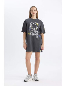 DEFACTO Crew Neck Smiley Licence Mini Short Sleeve Knitted Dress