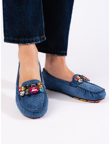 GOODIN Blue women's openwork moccasins with crystals