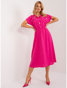 ITALY MODA Tmavě růžové midi šaty na knoflíky s kapsami a límečkem -dark pink Tmavě růžová