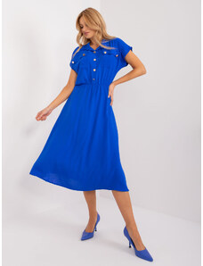 ITALY MODA Modré midi šaty na knoflíky s kapsami a límečkem -kobalt Modrá
