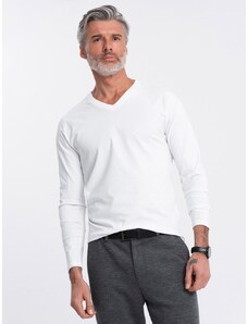 Ombre Clothing Bílé tričko s dlouhým rukávem a výstřihem do V V3 LSBL-0108