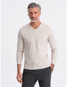Ombre Clothing Béžové tričko s dlouhým rukávem a výstřihem do V V1 LSBL-0108