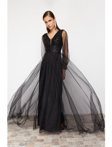 Trendyol Black Sequin Sequin Detailed Tulle Long Evening Dress