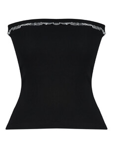 Trendyol Black Ribbed Strapless Collar Woven Garnish Body-fitting Cotton Crop Knitted Blouse