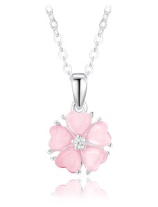 MINET Stříbrný náhrdelník růžová kytička s kočičím okem a zirkonem