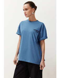 Trendyol Indigo 100% Cotton Motto Printed Oversize/Wide Fit Short Sleeve Knitted T-Shirt