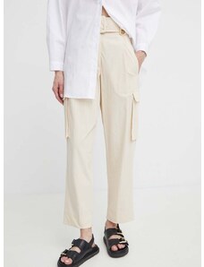 Bavlněné kalhoty Twinset béžová barva, kapsáče, high waist