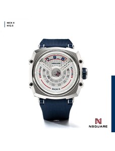 Nsquare Watches Stříbrné pánské hodinky Nsquare s gumovým páskem NSQUARE NICK II Silver / Blue 45MM Automatic